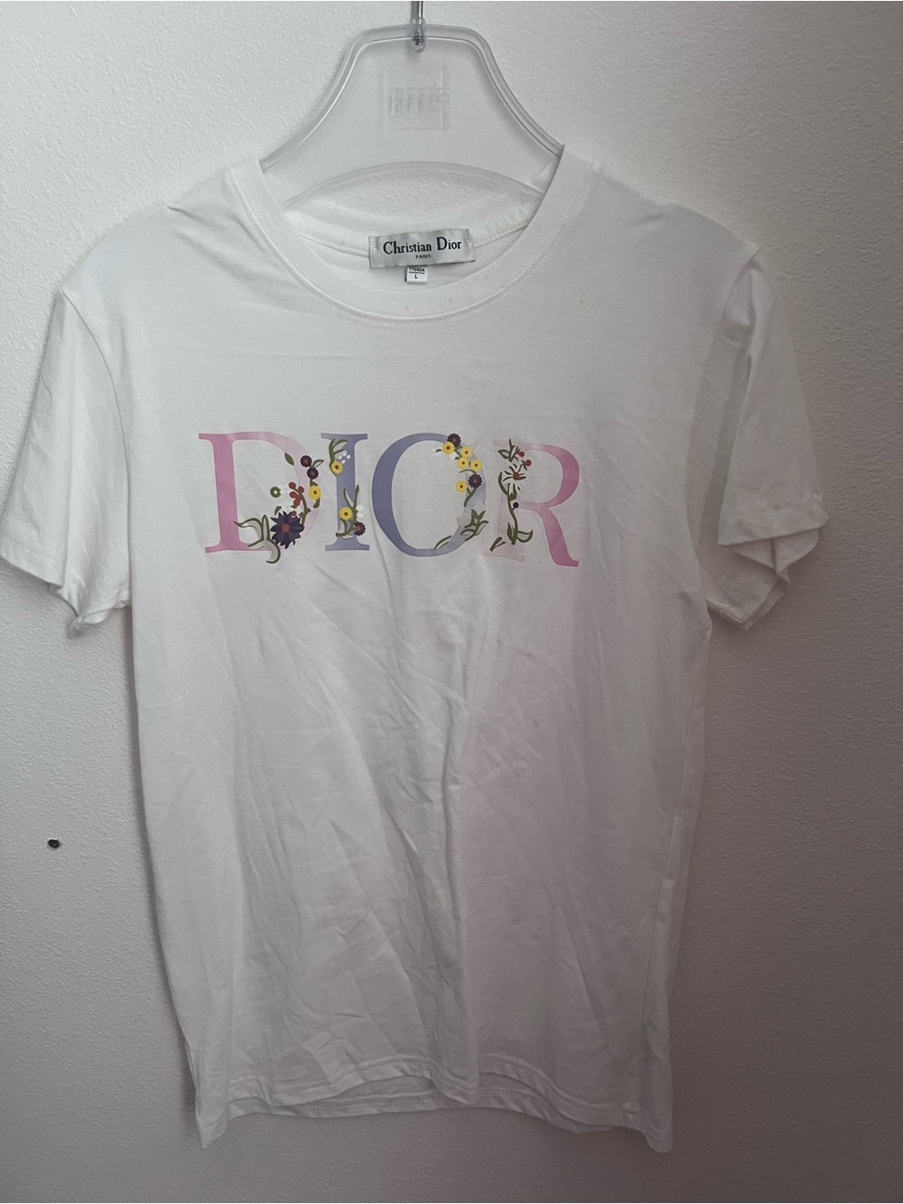Dior White Tee with Pastel Floral Logo